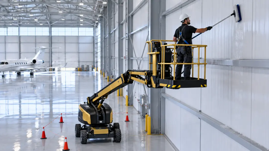 Illustrative technician washing hangar walls from a black and gold boom lift