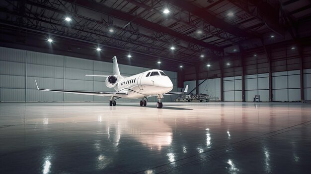 White private jet inside a spacious aircraft hangar with a reflective floor and overhead lighting
