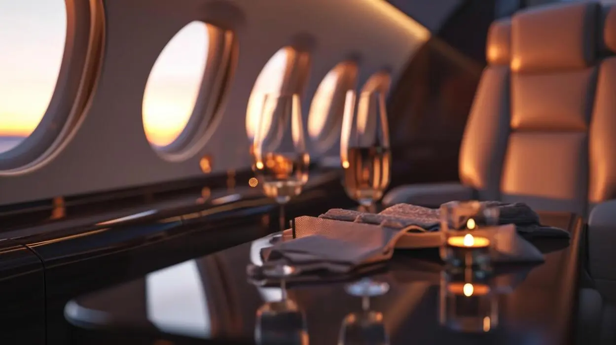 Executive aircraft cabin with leather seating at sunset